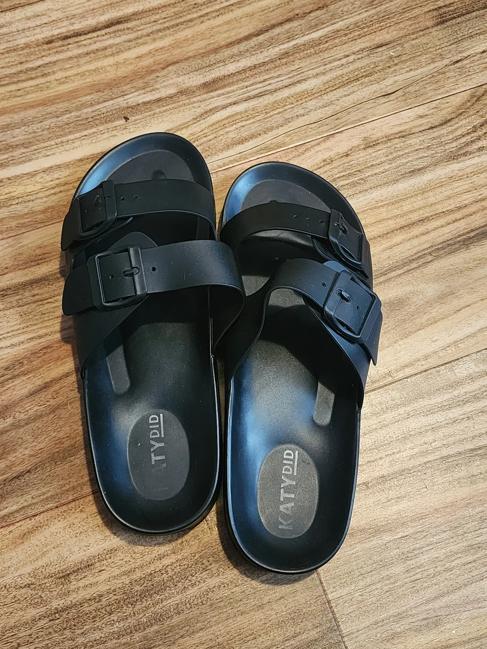 Katydid Black Double-Buckle Slide Sandals
